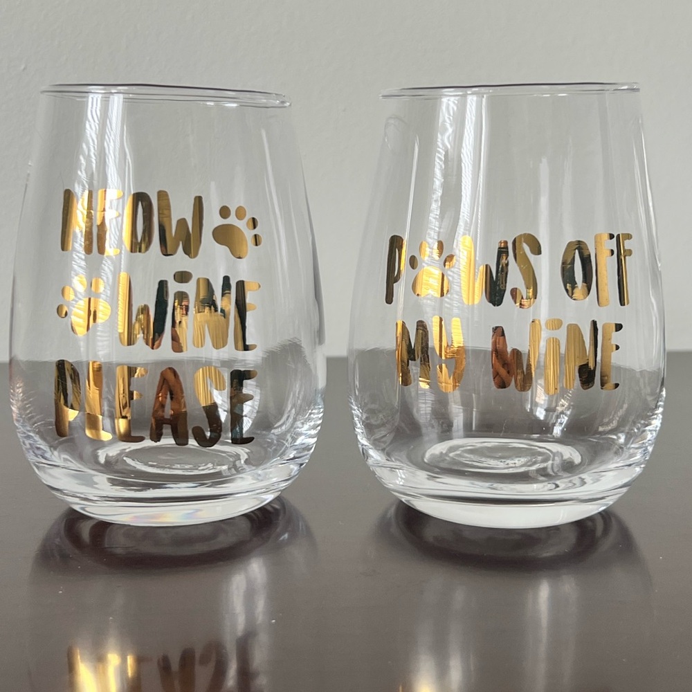 Stemless Wine Glass Set Gold Cat Phrases